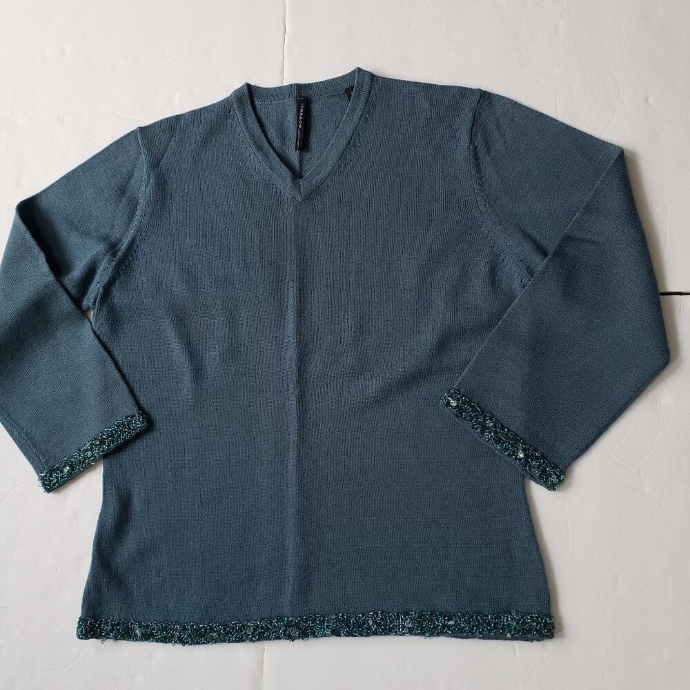 Isda & Co Wool Beaded V-Neck 3/4 Sleeves Blue Pullover Sweater